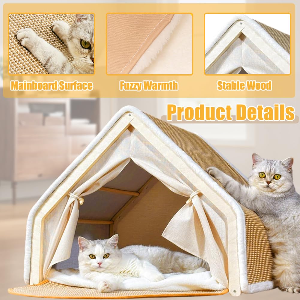 Casa para gatos, tienda de campaña para gatos, de sisal, 2 en 1, de madera, para interiores, casa para gatos con tabla rascadora para gatos de interior, cálido refugio para gatos