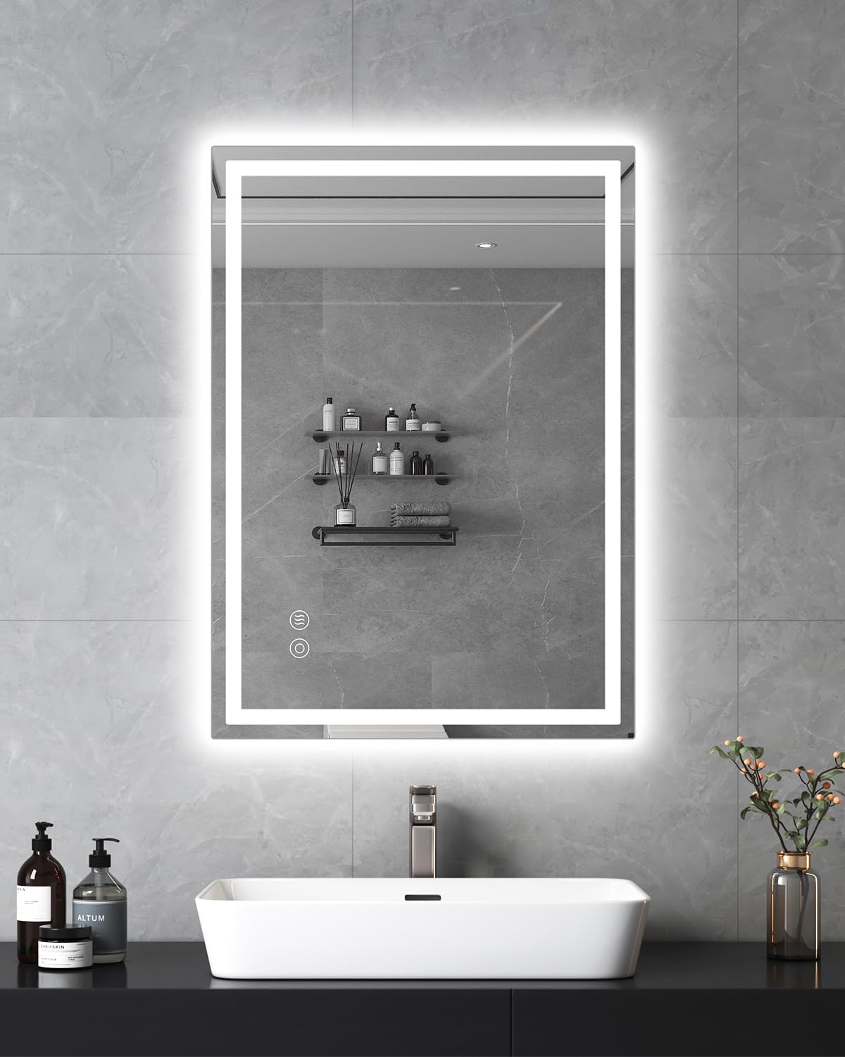 Lustro łazienkowe z oświetleniem LED, 50 x 70 cm, z włącznikiem dotykowym, przeciwmgielne, możliwość ściemniania, 3 temperatury barwowe, funkcja pamięci, wodoszczelne (IP44), lustro łazienkowe