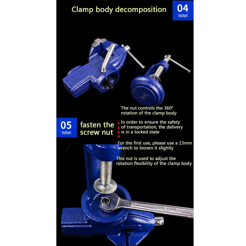 Mini tornillo de banco versátil, tornillo de base giratoria de 360 ° tornillo plano de carpintería 60mm para carpintería, conductos de corte, perforación, metalurgia - azul