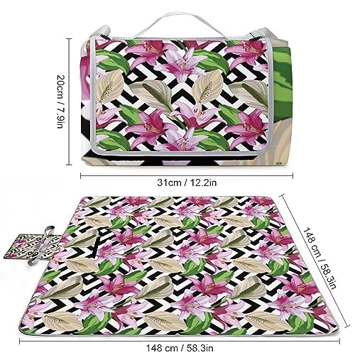 Flower-Texture Picnic Blanket Waterproof Foldable, Large Outdoor Picnic Blanket Beach Blankets Camping Blanket Travel Mat, Shoulder Strap Tote, Rectangle 58x58in