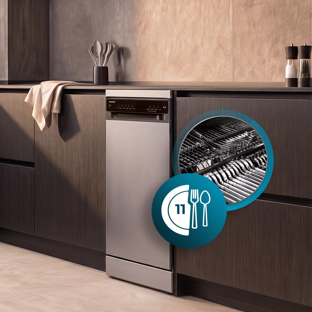 Cecotec Lavastoviglie Libera Installazione 45cm Bolero Aguazero 4560 Inox Connected. 11 Coperti, 6 Programmi, Classe C, Inverter Plus Duo, Pannello Touch,WiFi, O2Dry, Super Dry, Save+, AutoClean, Inox