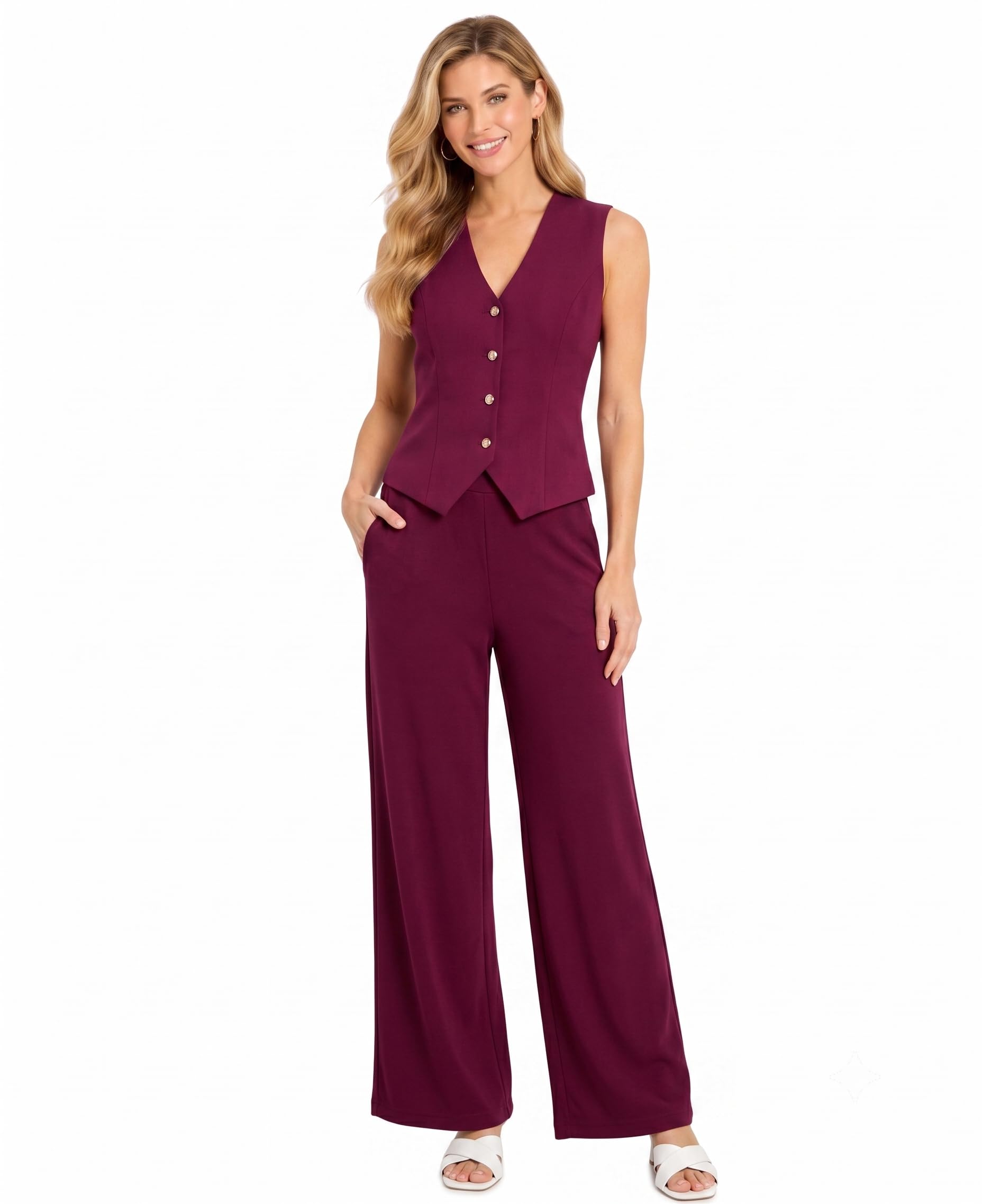 Women Solid Wine Co-Ord Set | Sleeveless V-Neck Button Closure Waistcoat Top with Straight Pant | Casual Office & Formal Wear-image-3