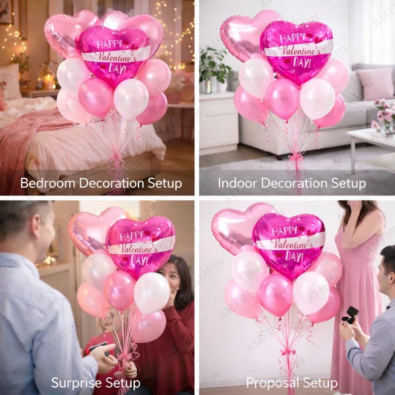 Image of AMFIN (Pack of 9) Happy Valentine's Day Balloon Decoration Set | Romantic Heart Foil Bouquet Metallic Helium Bunch Proposal Anniversary Celebration Party Decor - Pink White