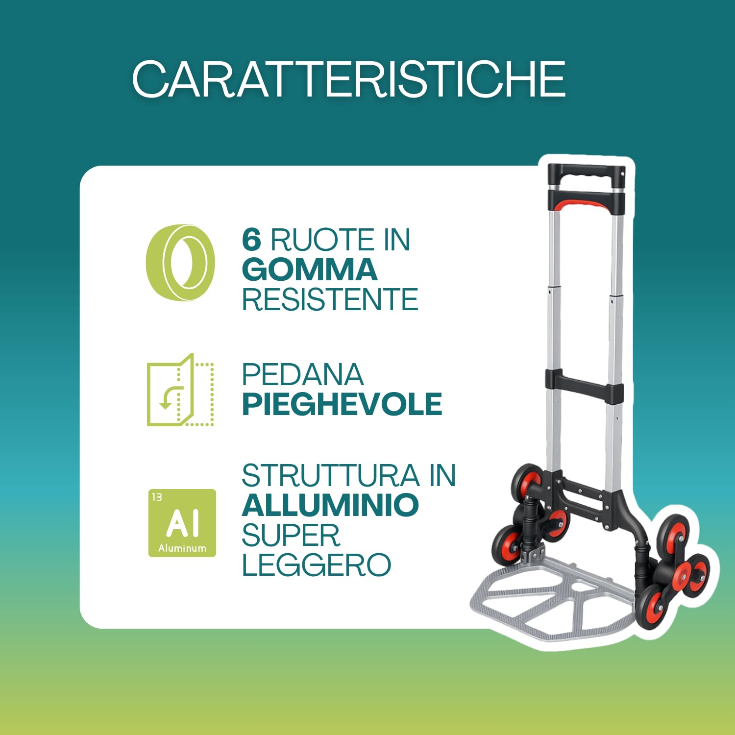 Paluplus Carrello Portapacchi per SCALE Pieghevole in ALLUMINIO con Portata 70 Kg, misura 51x41x99,5 cm, Manico Telescopico, Sistema a 6 Ruote, Montacarichi adatto per Salire Scale -5318F -4,2