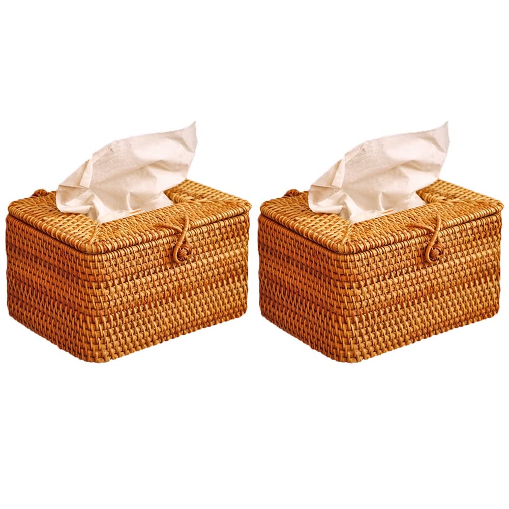 Hndhbfgrt 2X Rectangle Paper Rack Rattan Tissue Box Elegant Home Decoration Handmade Desktop Tissue Container Napkin Storage Case