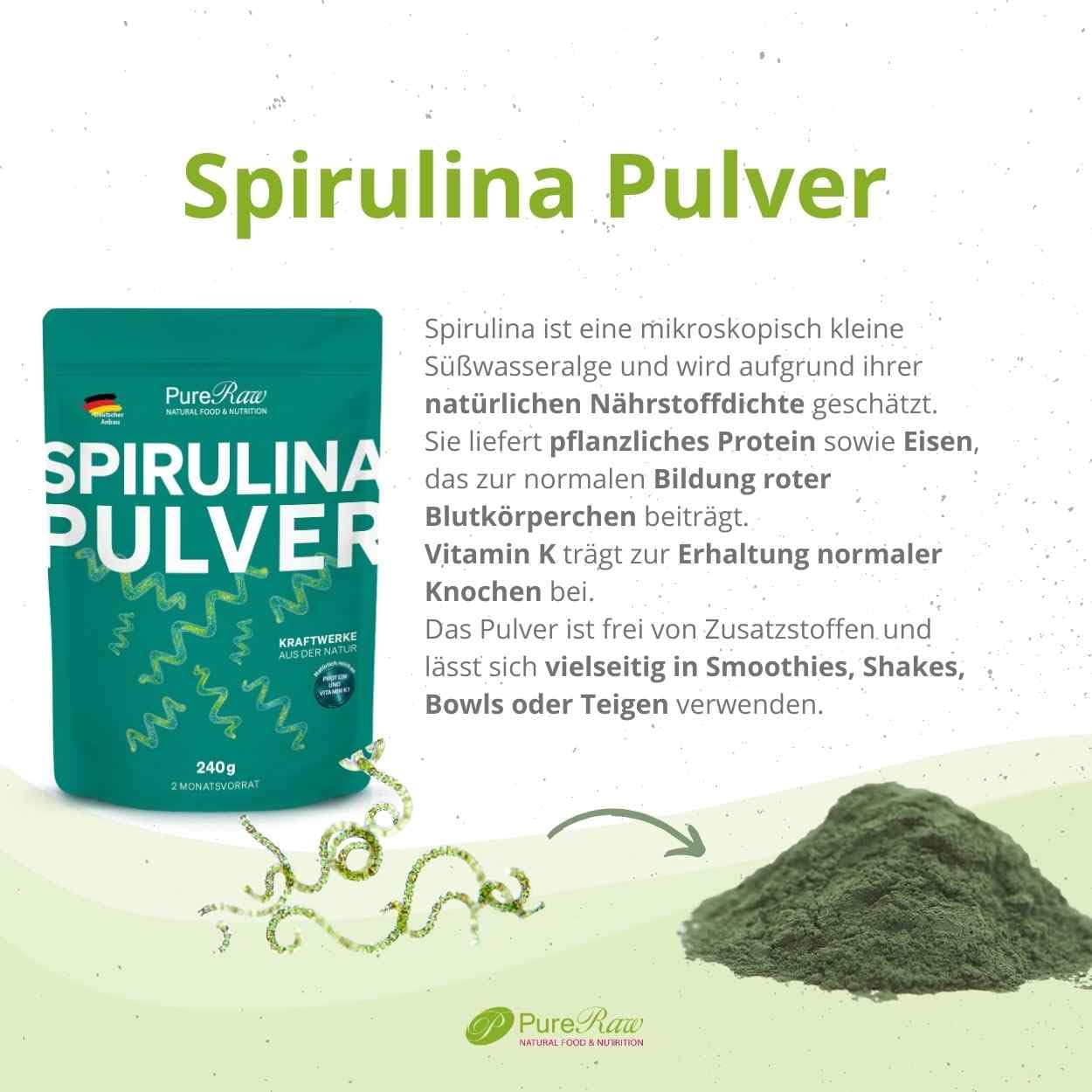 Spirulina Pulver 240 g aus Deutschland – Premium Spirulina Platensis Alge I 100% reine Mikroalge I Rohkostqualität & Vegan I Pflanzliche Proteinquelle I mit Vitamin K1 I Qualitätskontrolliert
