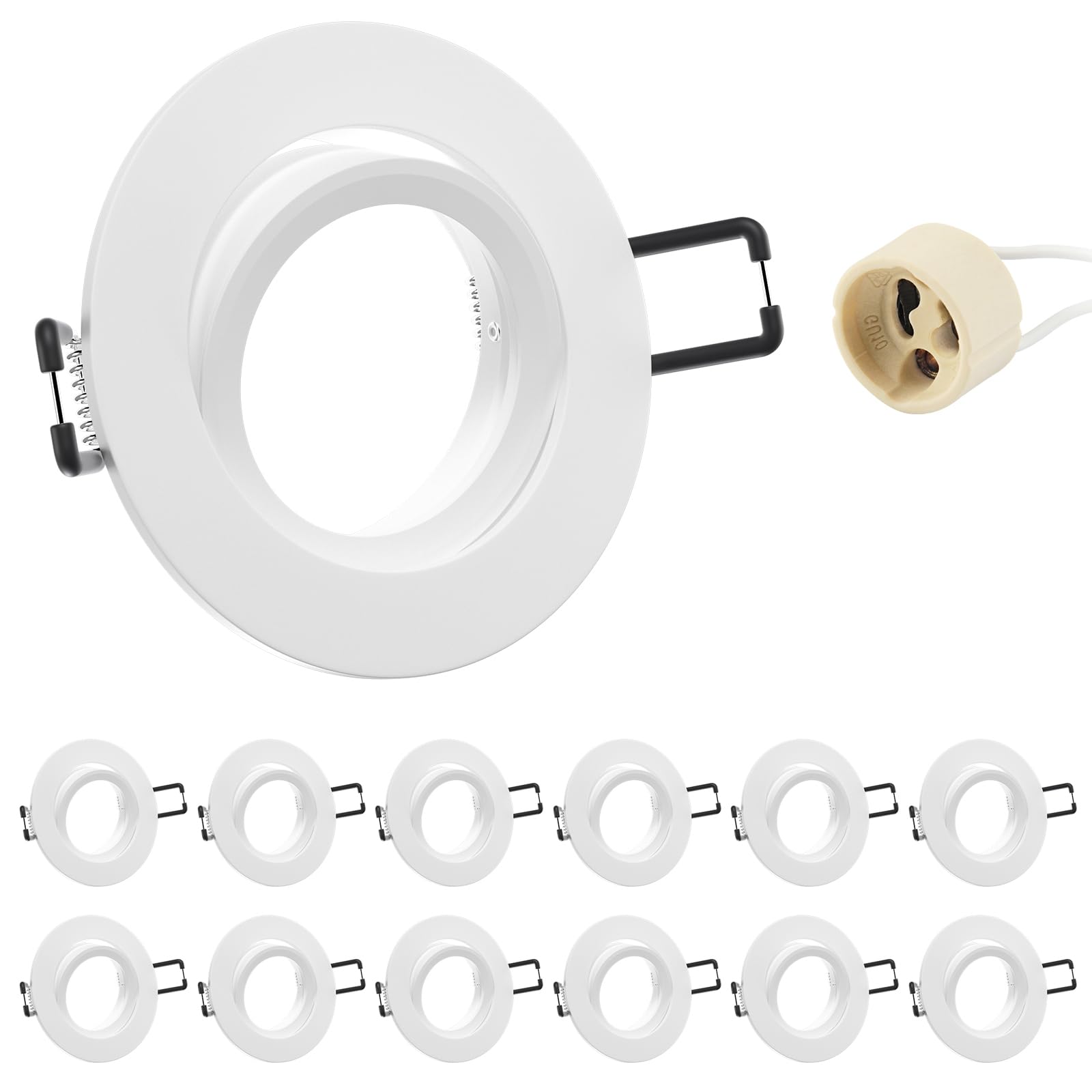 12x Spot Encastrable GU10 Aluminium, Orientables Blanc Support Spot Encastrable Cadre De Montage Avec Douille GU10, Rond Spot de Plafond 68mm extra plat Pour LED, Trou de montage ø60-75mm