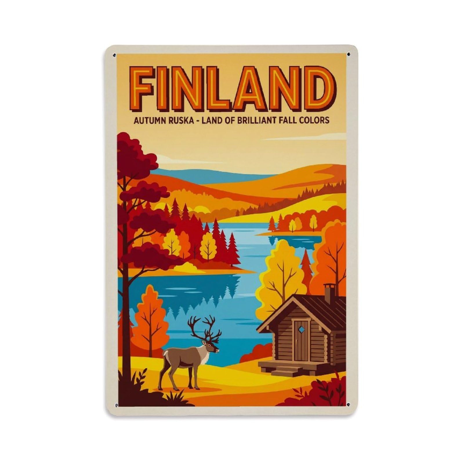 Olhnbad Style Finland Autumn Lake Forest Vintage Travel Color Metal Tin Sign