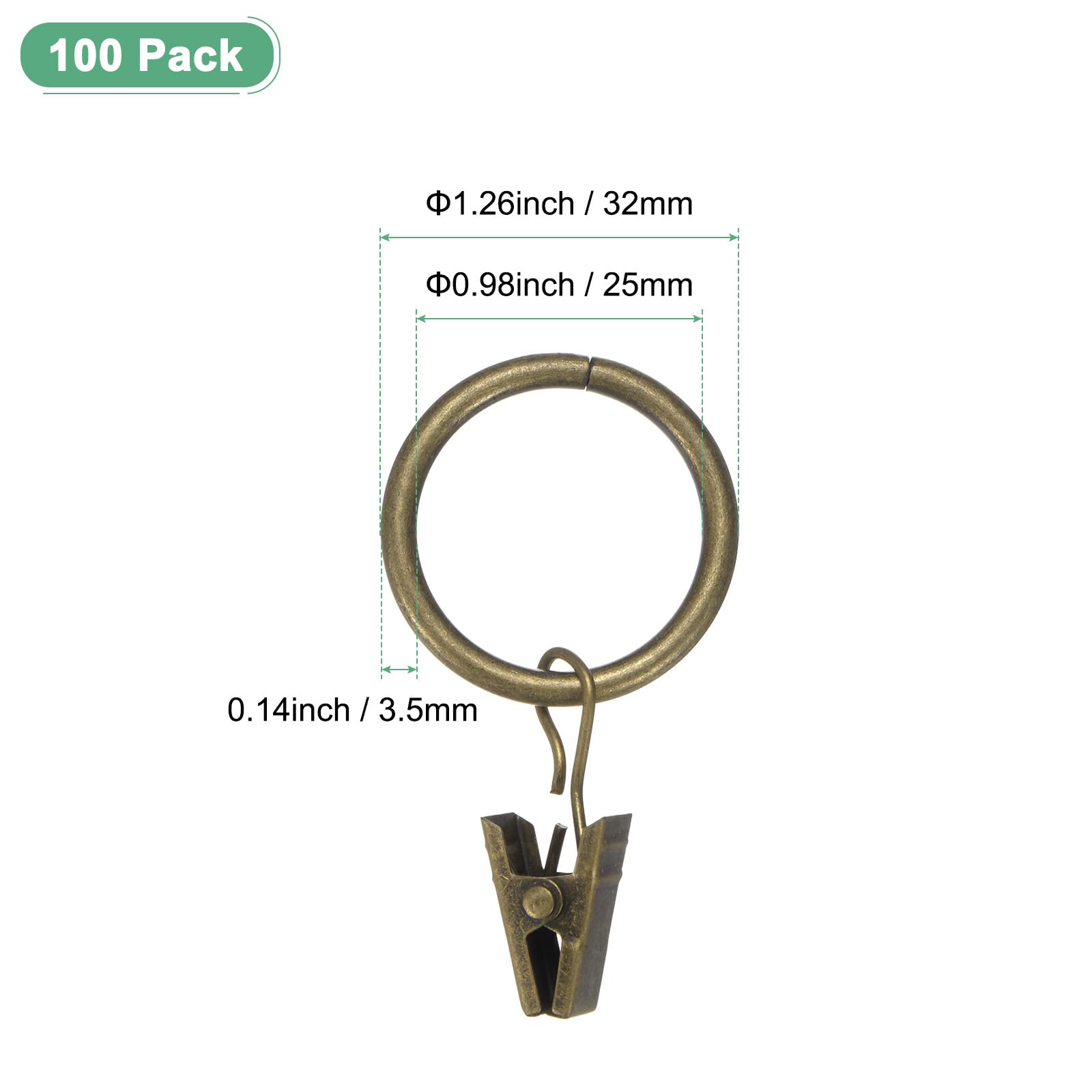 M METERXITY 100-Pack Bronze Curtain Rings with Clips, Rustproof Metal Curtain Hooks with Clips - Image 3