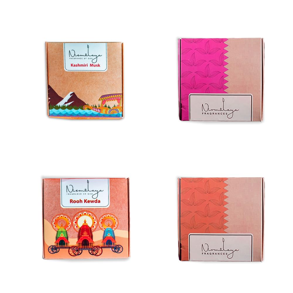 Nirmalaya Premium Incense Cones Variety Pack - Organic Dhoop Cones for Pooja and Fragrance | Set of 4 Scents: Kewda, Kashmiri Musk, Sandalwood, and Rooh Rose (40 Units Each)