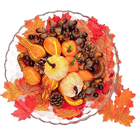 Danolt Thanksgiving Decorations 166 pcs Artificial Pumpkins Autumn Decorations Set, Harvest Pumpkins, Maple Leaves, Gourd, Pine Cones and Acorns Set for Thanksgiving Home Table Halloween Decoration Cover