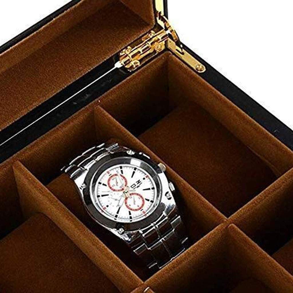 Uhrenbox-Organizer-Kissenbezug – luxuriöse Premium-Vitrinen mit 12 Fächern und gerahmtem Glasdeckel, Elegante Kontrastnähte, robuster und sicherer Verschluss für