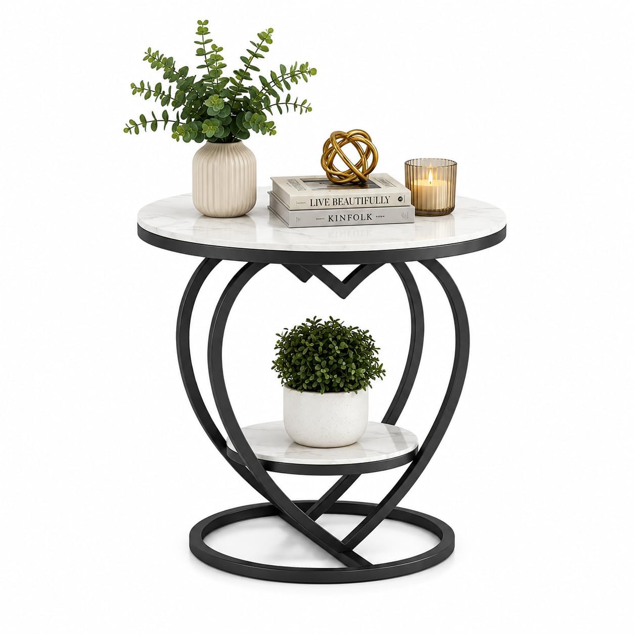 Coffee Table Round Side End Table with Storage Shelf, Metal Frame & MDF Wooden Top, Modern Accent Tea Table for Living Room, Bedroom, Office, Balcony, Black White Finish Decor Use-image-26