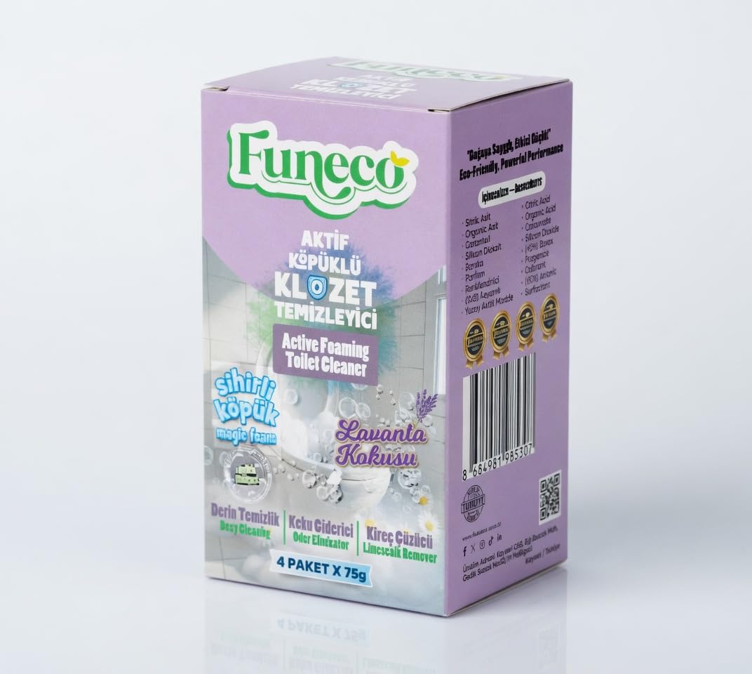Funeco Tuvalet Klozet WC Lavabo Temizleyici Aktif Köpüklü Doğa Dostu 4x75g (300g) Aylık Paket – Lavanta Ferahlığı
