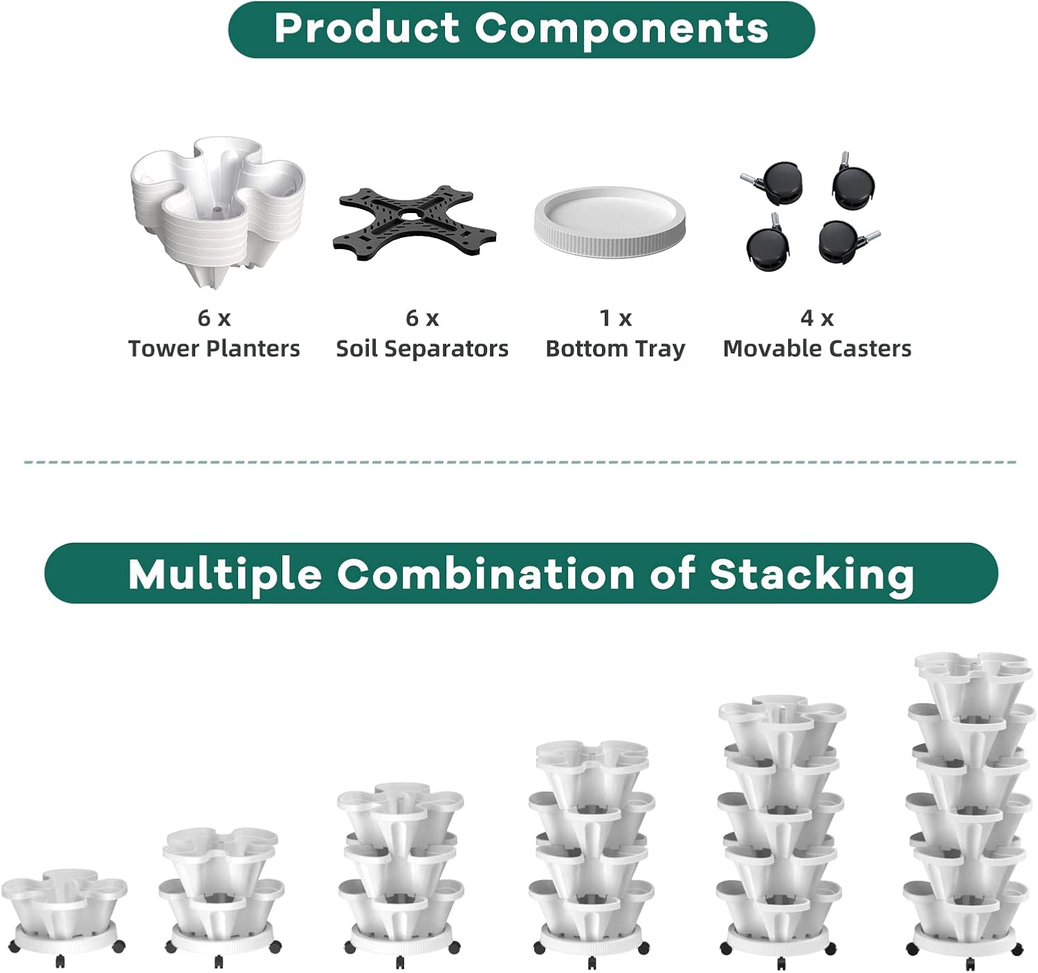 Strawberry Vertical Planters, 6 Tiered Stacking Tower Garden, Stackable Herb Vegetable Planters with Movable Casters and Bottom Saucer Indoor and Outdoor - White