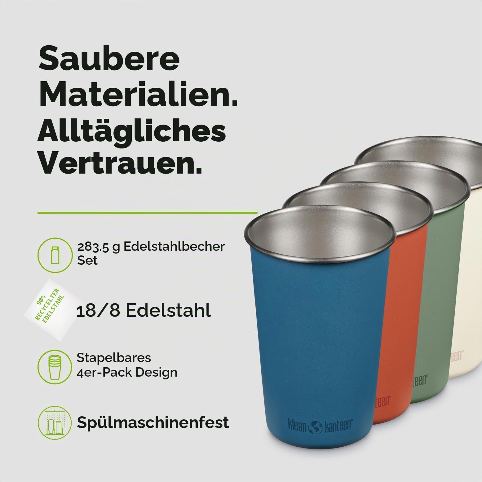 Klean Kanteen 4er Set Pint Cup aus Edelstahl, Einwandig, in verschiedenen Farben, 473ml, 1010588, Partake