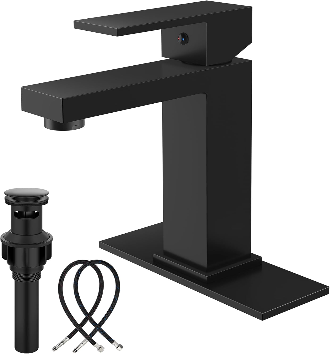 Midanya Bathroom Faucets 1 Hole, Single Handle Stainless Steel Bathroom Sink Faucet, Modern Vanity Faucets with Deck Plate,Water Supply Hoses and Pop Up Drain,Matte Black