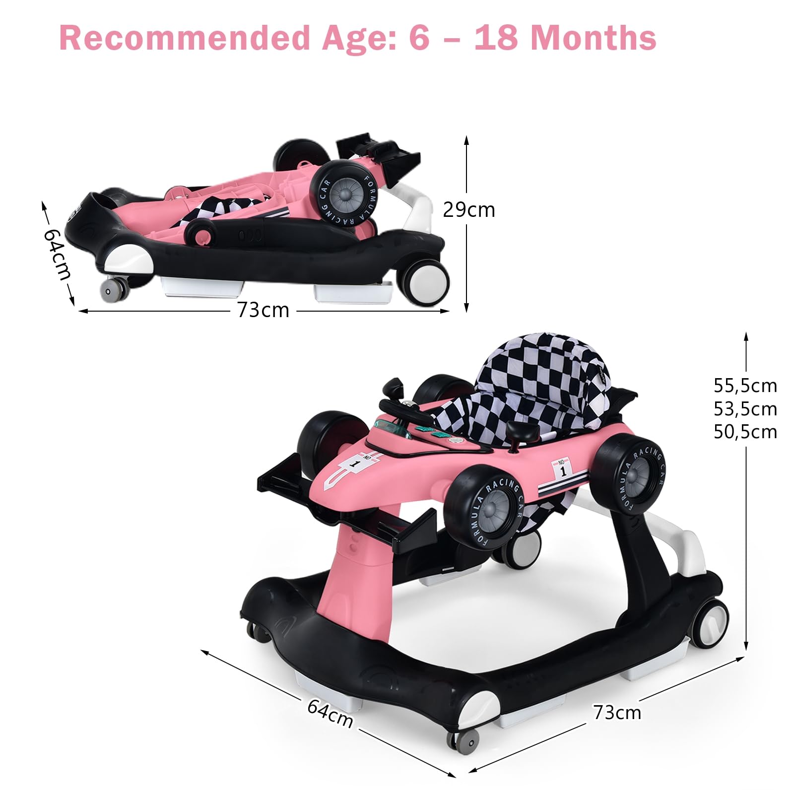 LIFEZEAL Girello Neonato 6-18 Mesi, 4 in 1, Girello per Bambini 6-18 Mesi, Baby Walker Pieghevole, con Altezza e Velocità di Ruote Regolabili, Primi Passi, con Luce e Musica, Portata 15 kg, Rosa