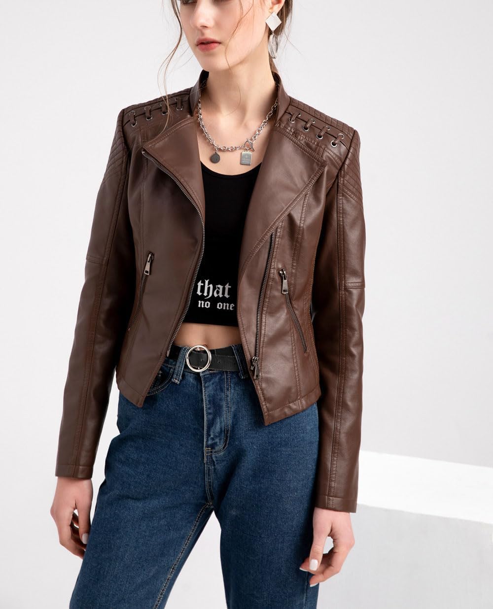 Women's classic faux leather zipper motorcycle jacket, with a turned-down collar and a fitted design