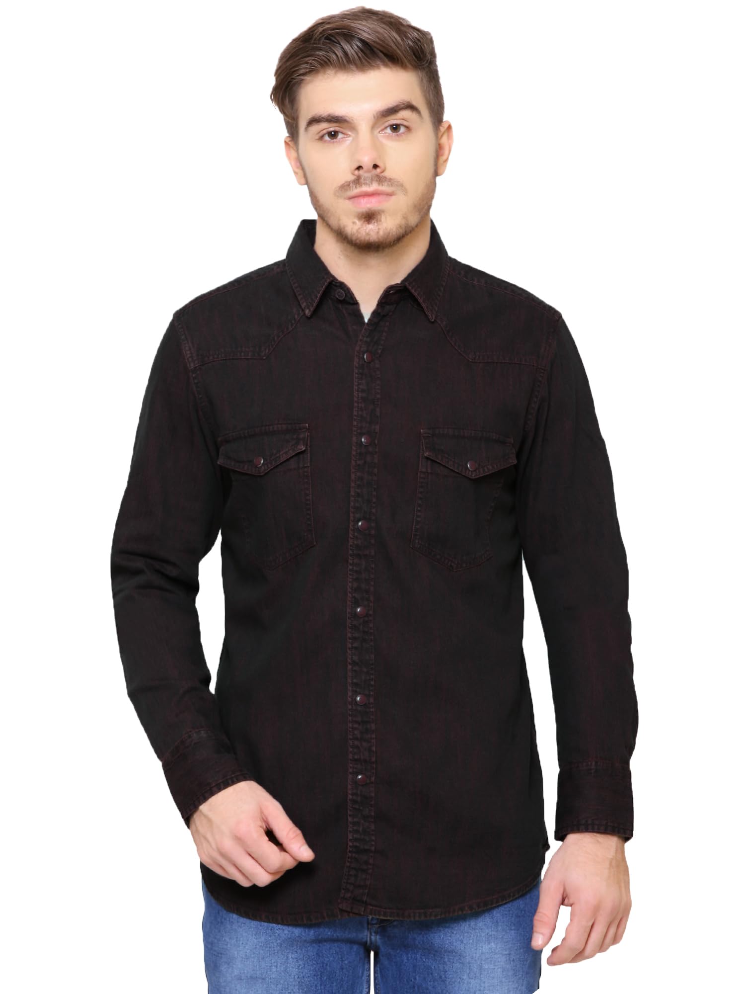 Kuons Avenue Men's Dark Choco Brown Double Pocket Denim Shacket | Western Denim Shirt