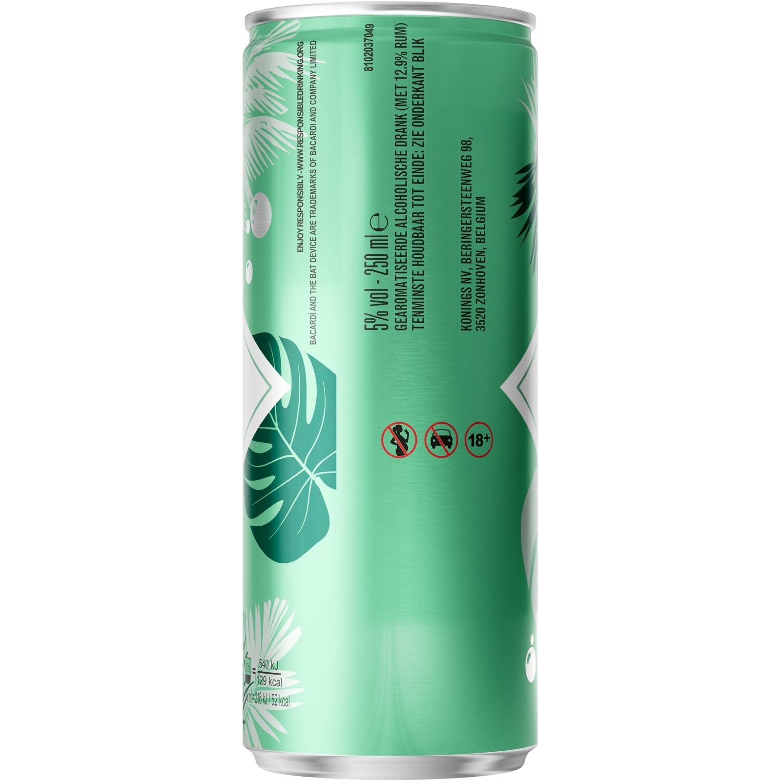 BACARDÍ Mojito es un cóctel enlatado, ALC. 5%, 12 x 25 cl / 250 ml, listo para beber, elaborado con ron BACARDÍ Carta Blanca y mezclado con lima y hierbabuena