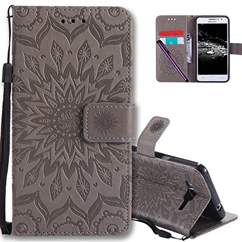 Cotdinforca Case For G360 Flip Emboss Mandala With Card Holder Slot Pockets, Magnetic Closure Premium Pu Leather Case Cover For Samsung Galaxy Core Prime G360. Mandala Grey #TOP16