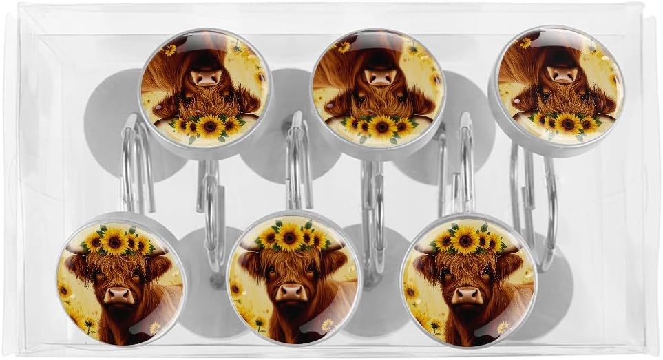 12 Pcs Sunflowers and Highland Cow Round Shower Curtain Hooks Stainless Steel Decorative Hanger Rings for Bathroom Kitchen Bedroom Curtain Rods