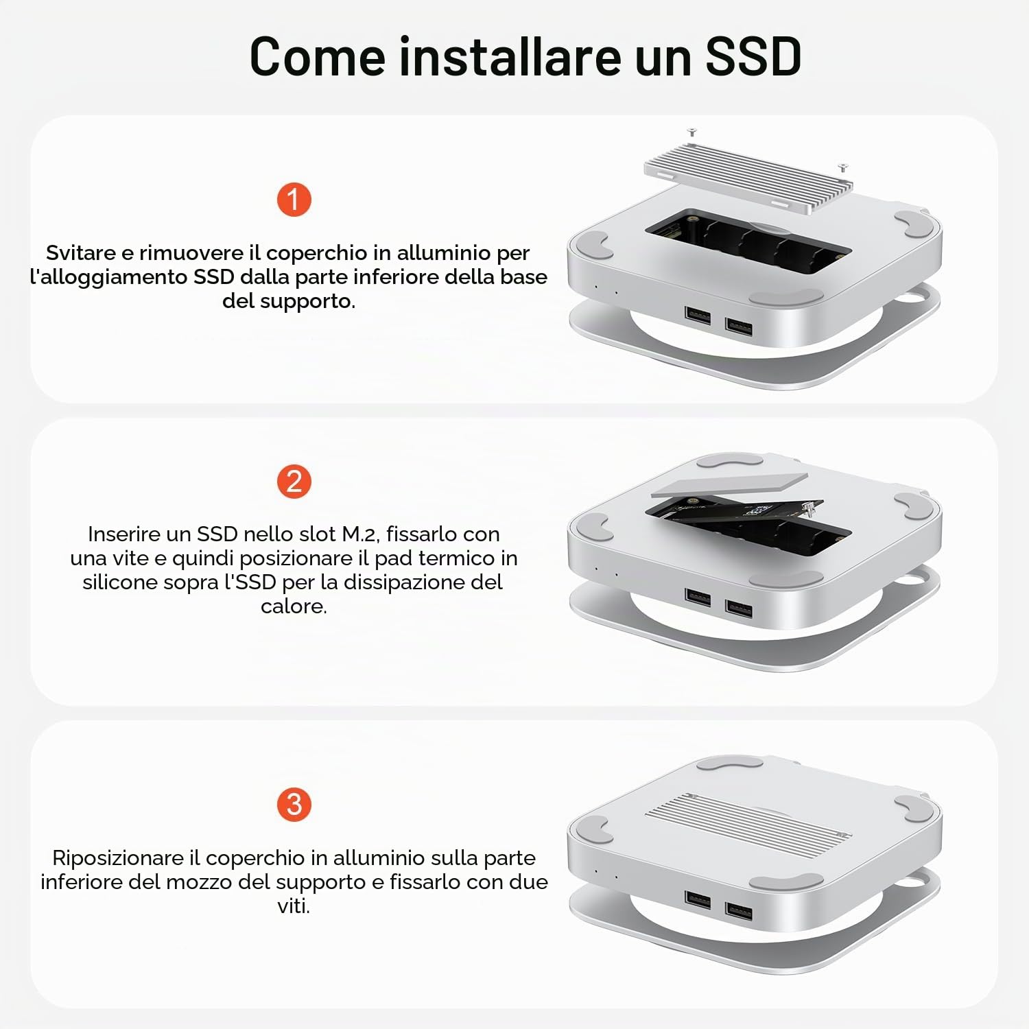 Qwiizlab Hub di supporto in alluminio con USB4 40Gbps Thunderbolt SSD Enclosure per Mac Mini M4/M4 Pro, 3 USB-A 2.0, supporta M.2 NVMe PCIe SSD fino a 8TB (argento)