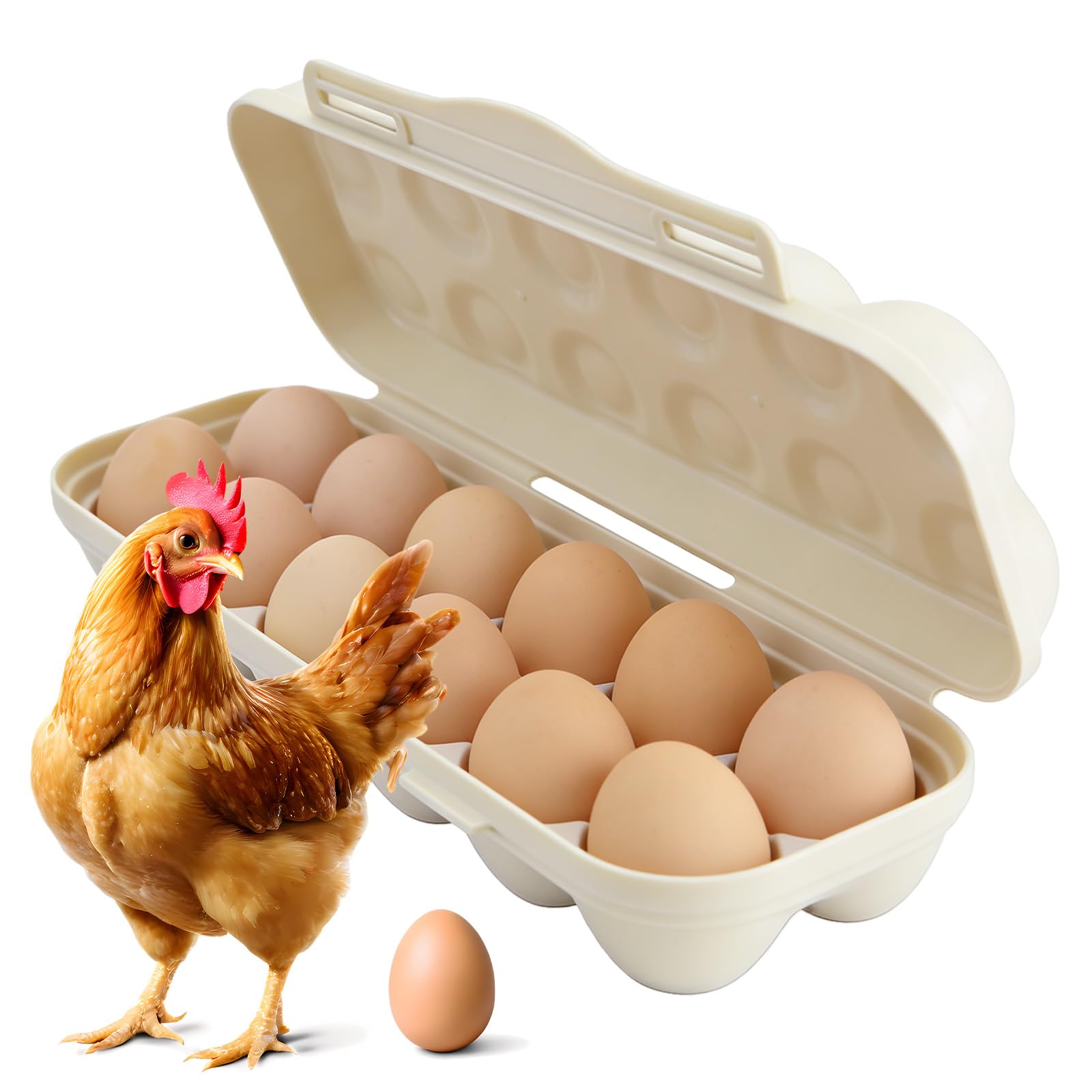 Kivinia 12 Girds Egg Holder Container, Egg Storage Container with Lid for Kitchen Fridge Travel Camping Picnic Outdoor, Portable Fridge Eggs Organizer Storage Tray Keep Eggs Fresh, Space-saving, Beige