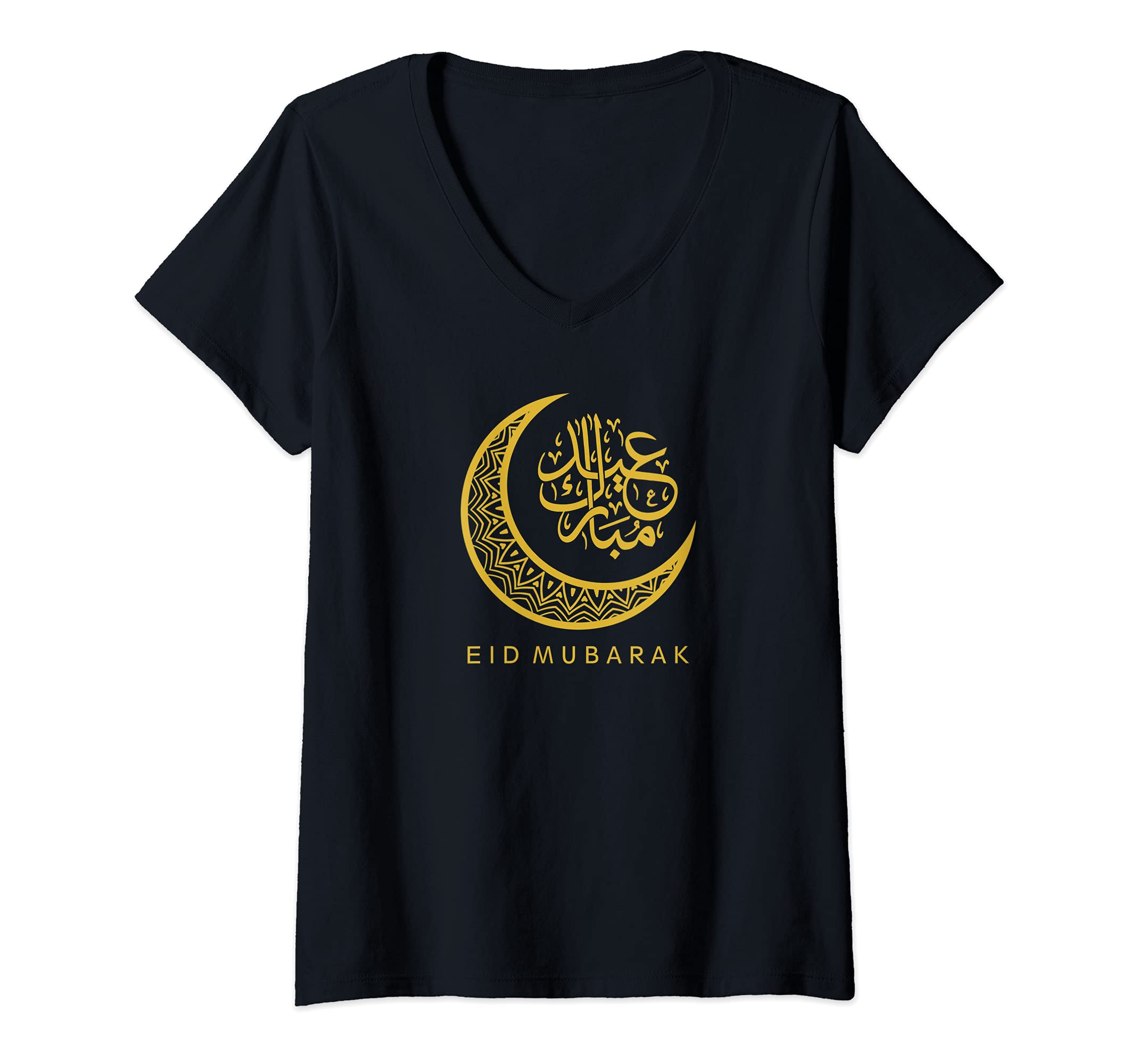 Womens Eid Mubarak Islamic Crescent Moon Arabic Calligraphy V-Neck T-Shirt, Black