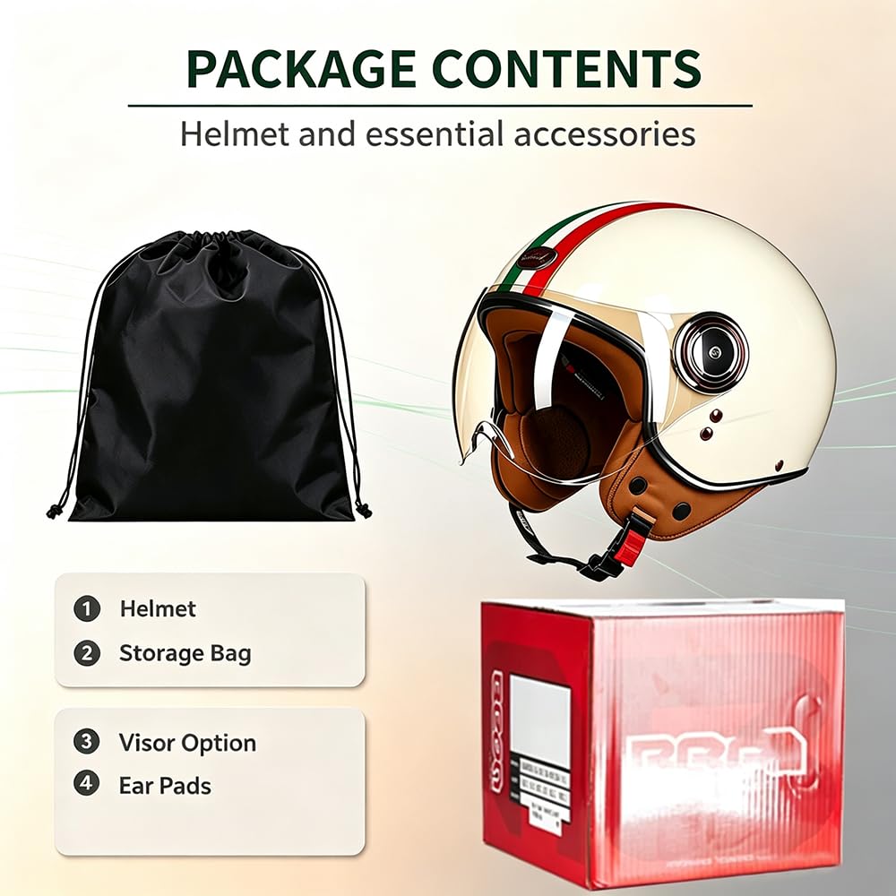 Caschi da Moto per Adulti con Visiera, Certificato ECE Copricapo Casco Aperto, Soddisfare la Sicurezza Stradale, Vintage Casco Jet, per Cruiser Scooter Touring (57~62CM)
