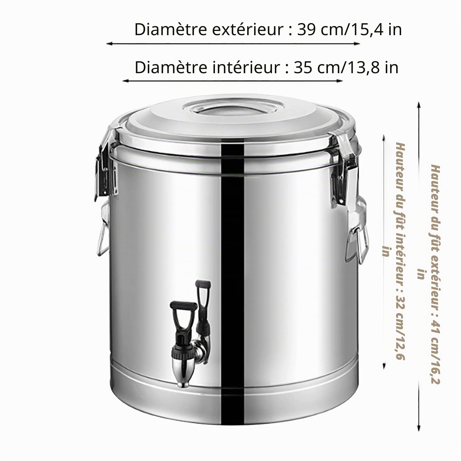 Bidon à eau isotherme en acier inoxydable 40 l – Récipient de transport isotherme avec robinet, acier inoxydable 201, isolation de 18,5 mm, surface polie – Idéal pour les soupes, les ragoûts, le thé