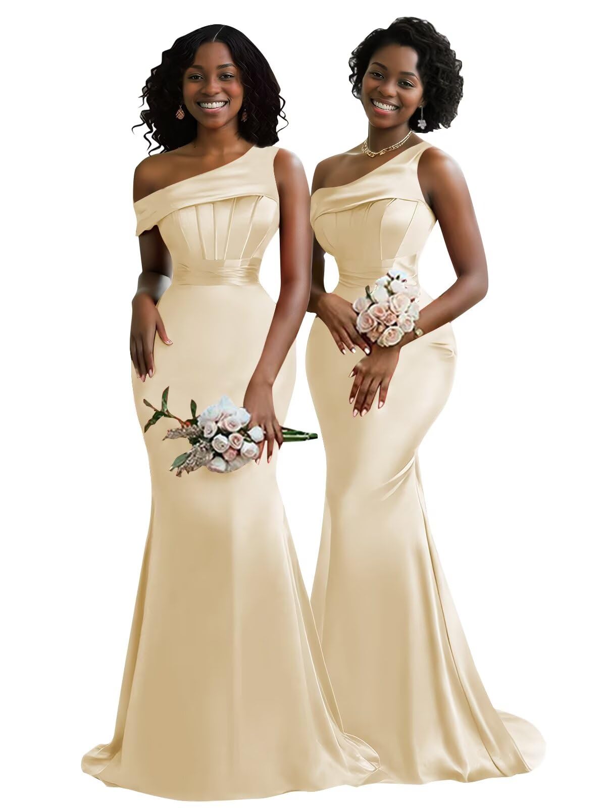 Aootumi Mermaid One Shoulder Bridesmaid Dresses for Wedding Satin Pleated Long Corset Formal Evening Prom Dress