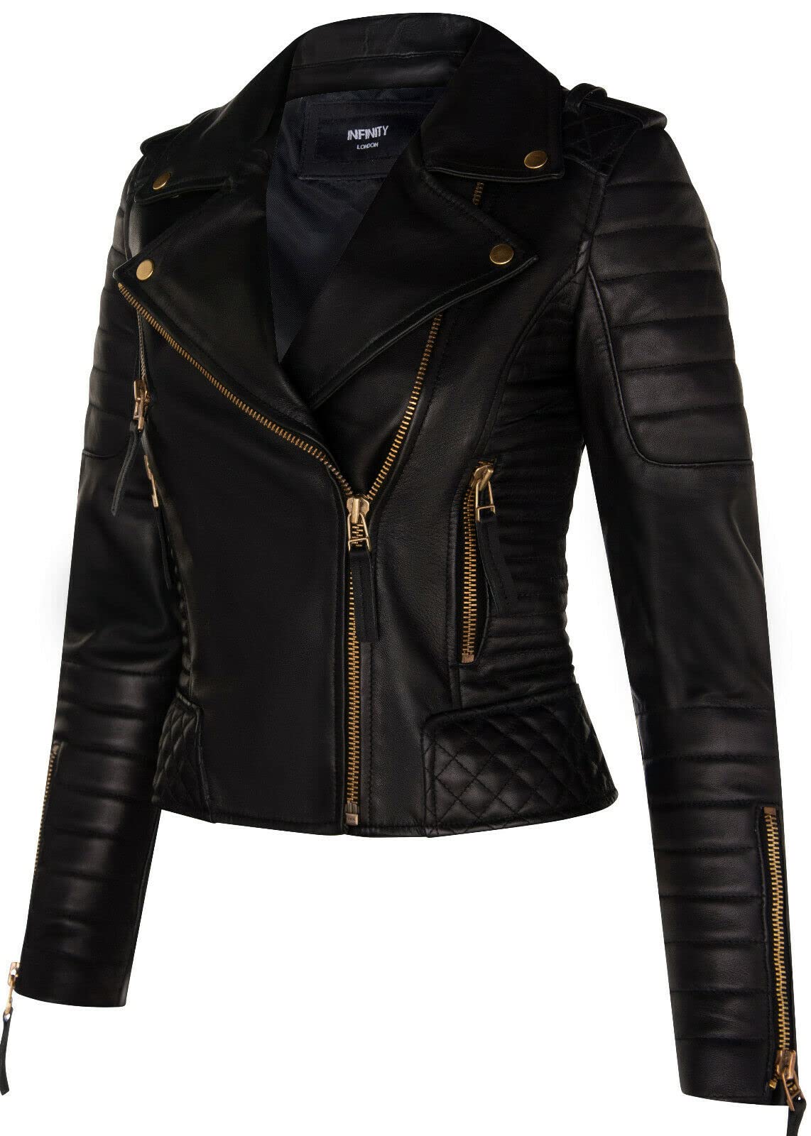 Infinity Leather Chaqueta para Damas en Napa Real Acolchada Negra y Dorada Mate Estilo Motero Gótico