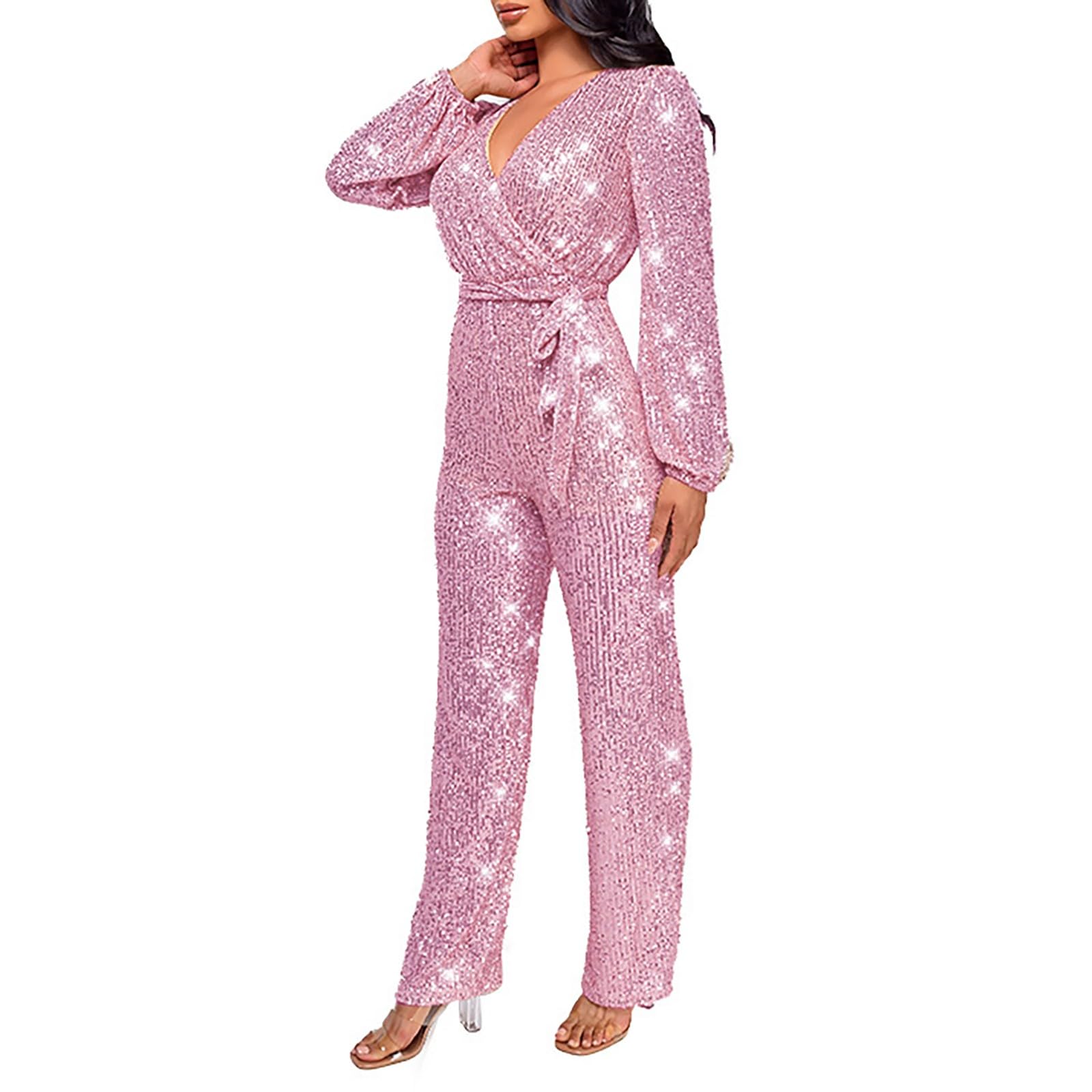 Tuta Donna Elegante Tute Donna Eleganti Lunghe a Gamba Larga Completo Donna Scollo a V Chic Jumpsuit Maniche Lunghe Tinta Unita Abiti Da Sera Interi Playsuit Pantaloni Carnevale Party