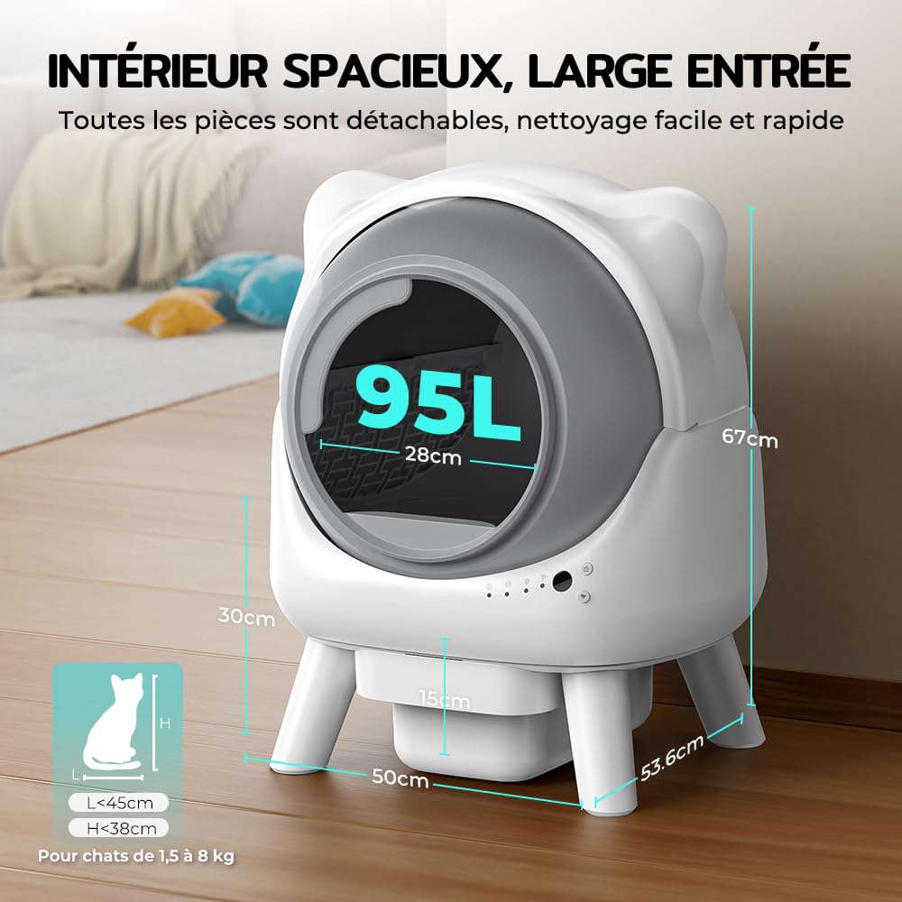 Redkey X1 Litiere Chat Autonettoyante, 95L Litière Automatique, Anti-Odeurs, Contrôle APP, Anti-Fuites/Pincement/Odeur, Compatible avec Tous Types de Litière, pour Foyers Multi-Chats (Blanc)