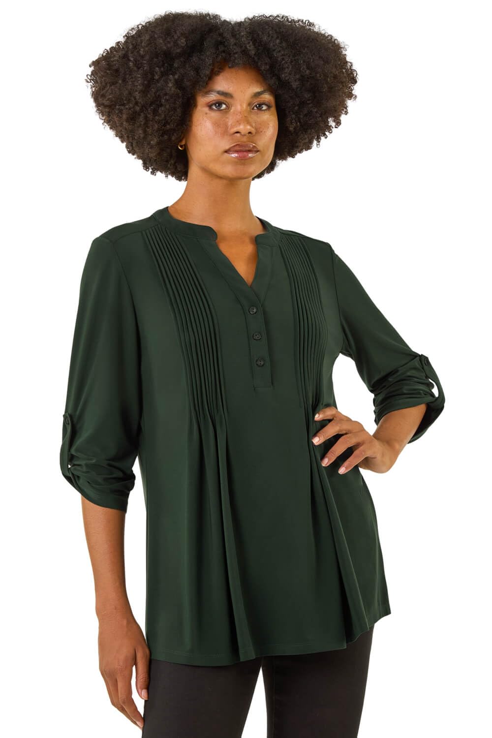 Roman Women's Pintuck Button Stretch Top in Green | Size: 18