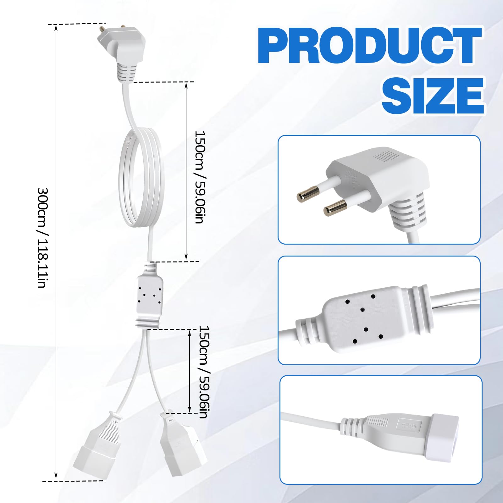 3 m przedłużacz płaski, 2 w 1, wtyczka euro, przedłużacz, kabel zasilający, adapter wtykowy, płaski, zagięty wtyk euro typu C, 250 V/2,5 A, 1 mm²/0,75 mm², do telewizora, komputera, monitora