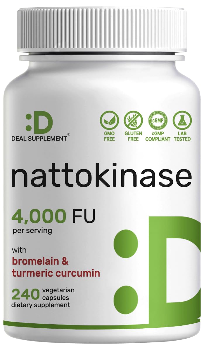 Nattokinase 4,000 FU Per Serving, 240 Veggie Capsules – Bromelain, Turmeric Curcumin, with Black Pepper Complex – Heart Health & Digestive Enzymes Supplement – Non-GMO, Vegan