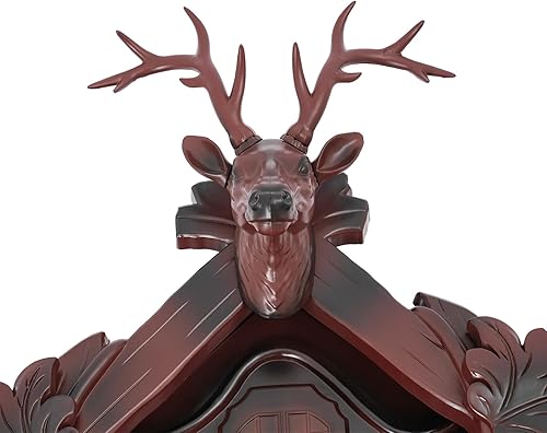 Miniatura 5 de Reloj de pared retro con cabeza de ciervo tradicional, reloj de casa de bosque negro con péndulo y función de timbre, reloj de cuco decorativo para