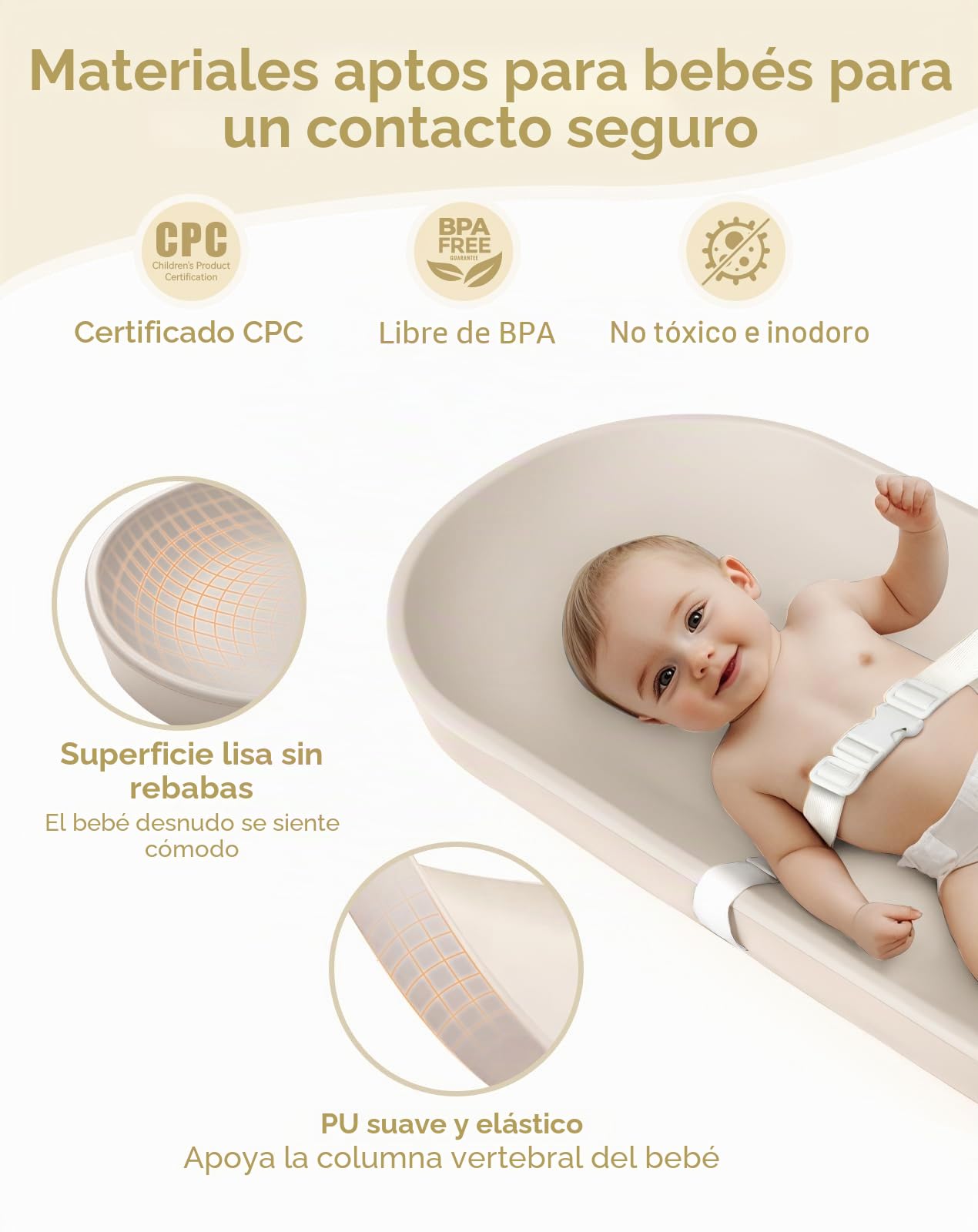 COMOMY Cambiador Bebe Impermeable Lavable, Colchoneta Cambiador de Suave PU, Colchón Antirrollo con Cinturón de Seguridad, 72,5 x 36 cm, para Cómoda y Mesa, Color Avena
