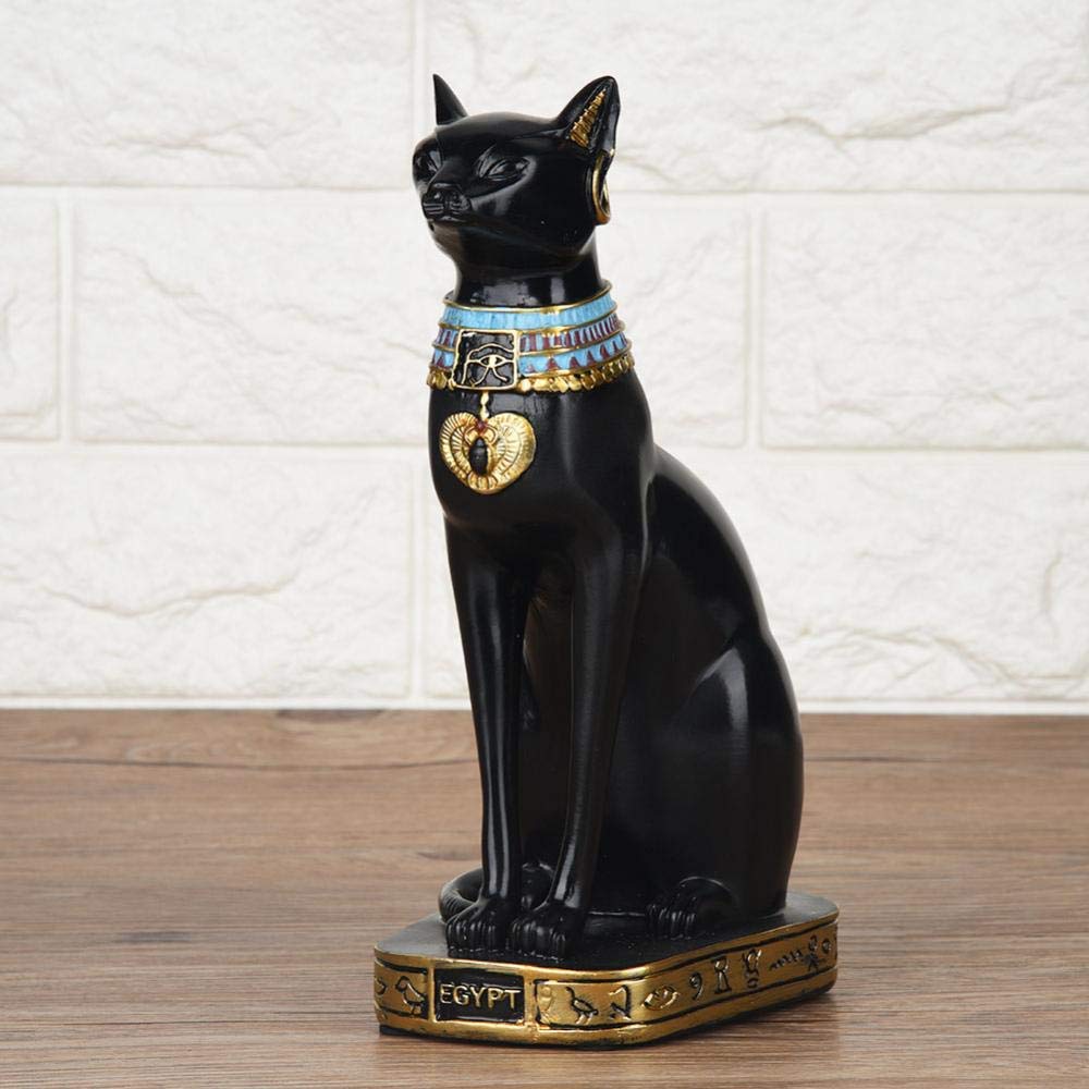 Estatua de gato egipcio Estatua de resina de oro negro, escultura de la diosa Bastet antigua decoración egipcia, gran ornamento animal mítico para la estantería de la oficina del hogar, 13,6 pulgadas