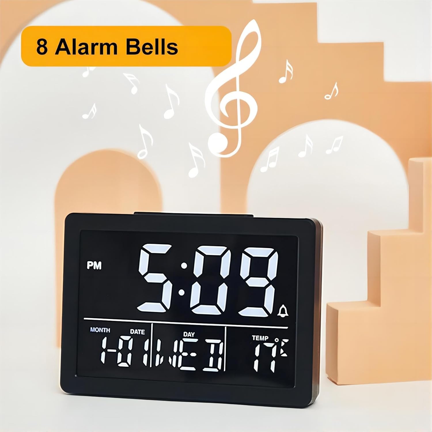 Lancoon Digital Alarm Clock displaying '8 Alarm Bells' feature with musical notes in the background.