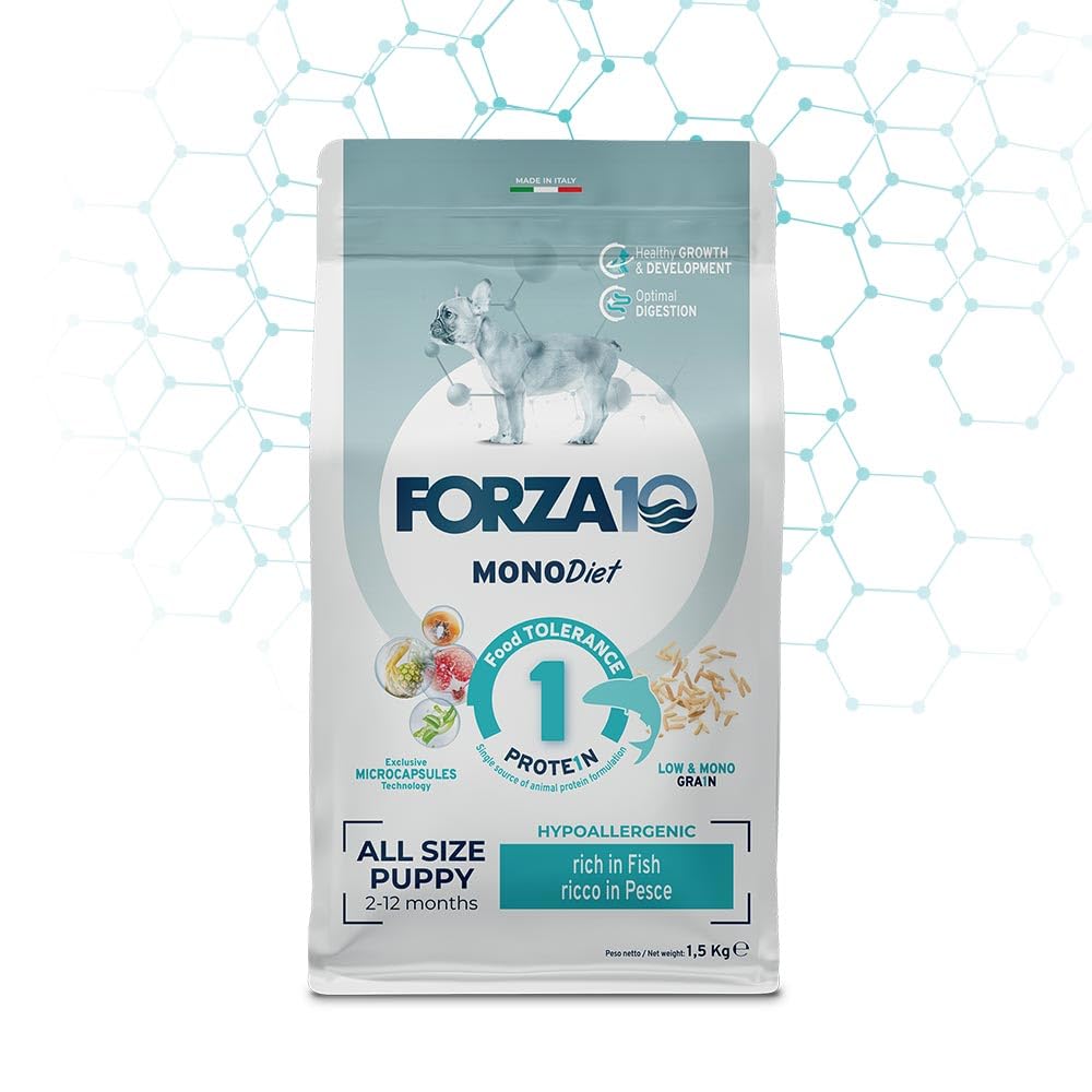 Forza 10 Perro All Size Puppy Mono sabor pescado alimento completo monoproteico para perros cachorros de talla pequeña, hipoalergénico, paquete de 1,5 kg.
