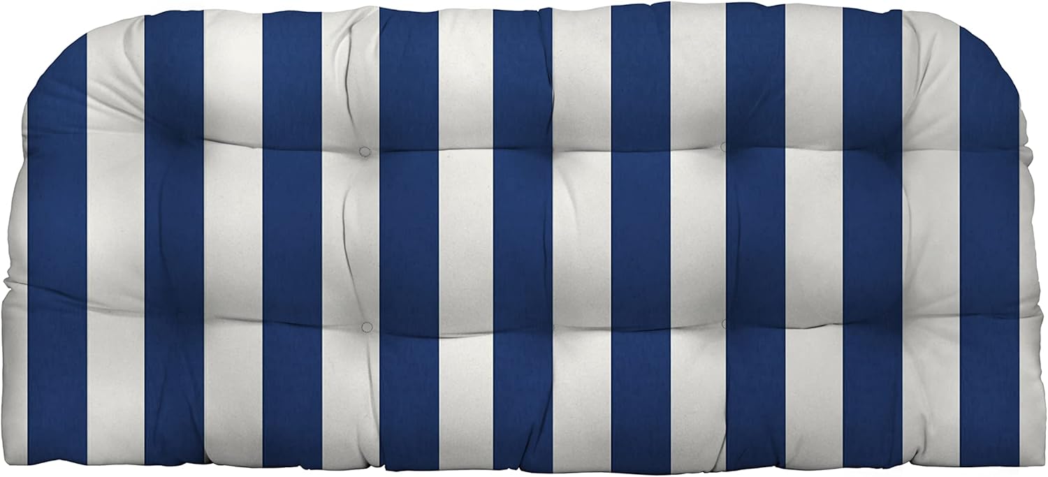RSH DECOR: Tufted Wicker Loveseat Cushion | 44” x 22 | All-Weather Spun Fabric | Water and Fade-Resistant | Outdoor Settee Cushion for Patio Furniture | Veranda Blue & White Stripe