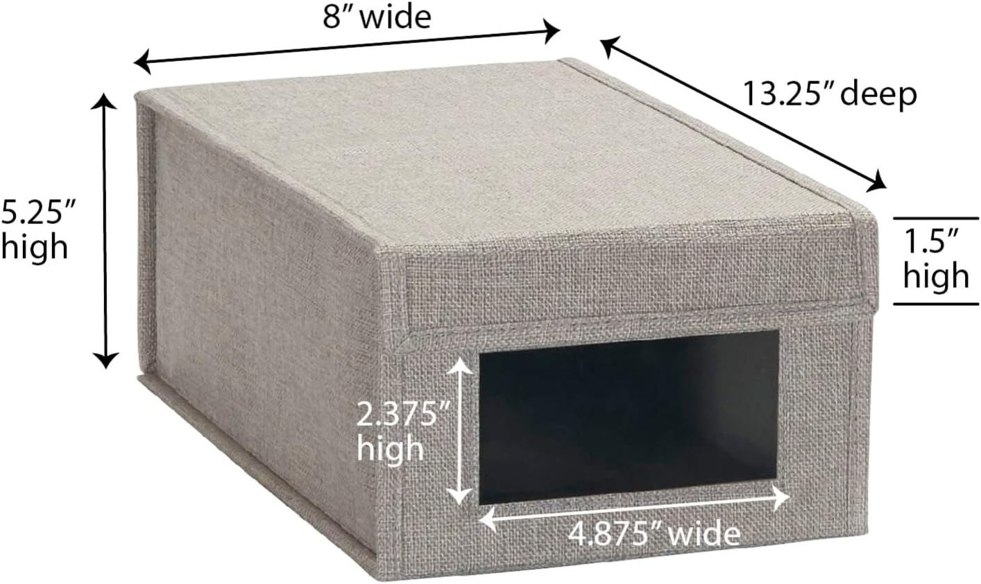 Household Essentials Small Drop Front Shoe Box with Clear Front Panel, Sturdy Poly‑Blended Linen, Gray Finish, Set of 2