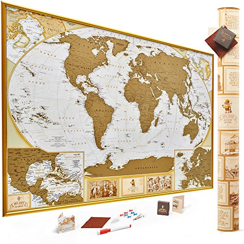 Antique Edition Gold Scratch Off World Map, Very Detailed -10.000 Cities Big Size-35x25 Inches, US States Outlined, Unique Tool Set, Glossy Finish Travel Map. Perfect for Travelers by MyMap
