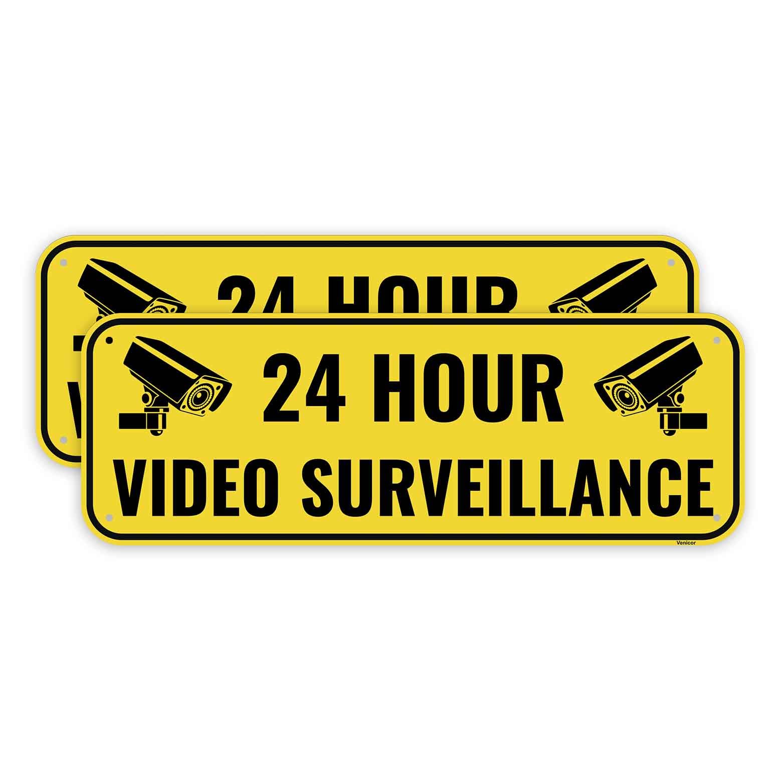 2PC Video Surveillance Sign, 10 x 3.5 Inches - Aluminum - Security Camera In Use Warning Sign - Black Yellow