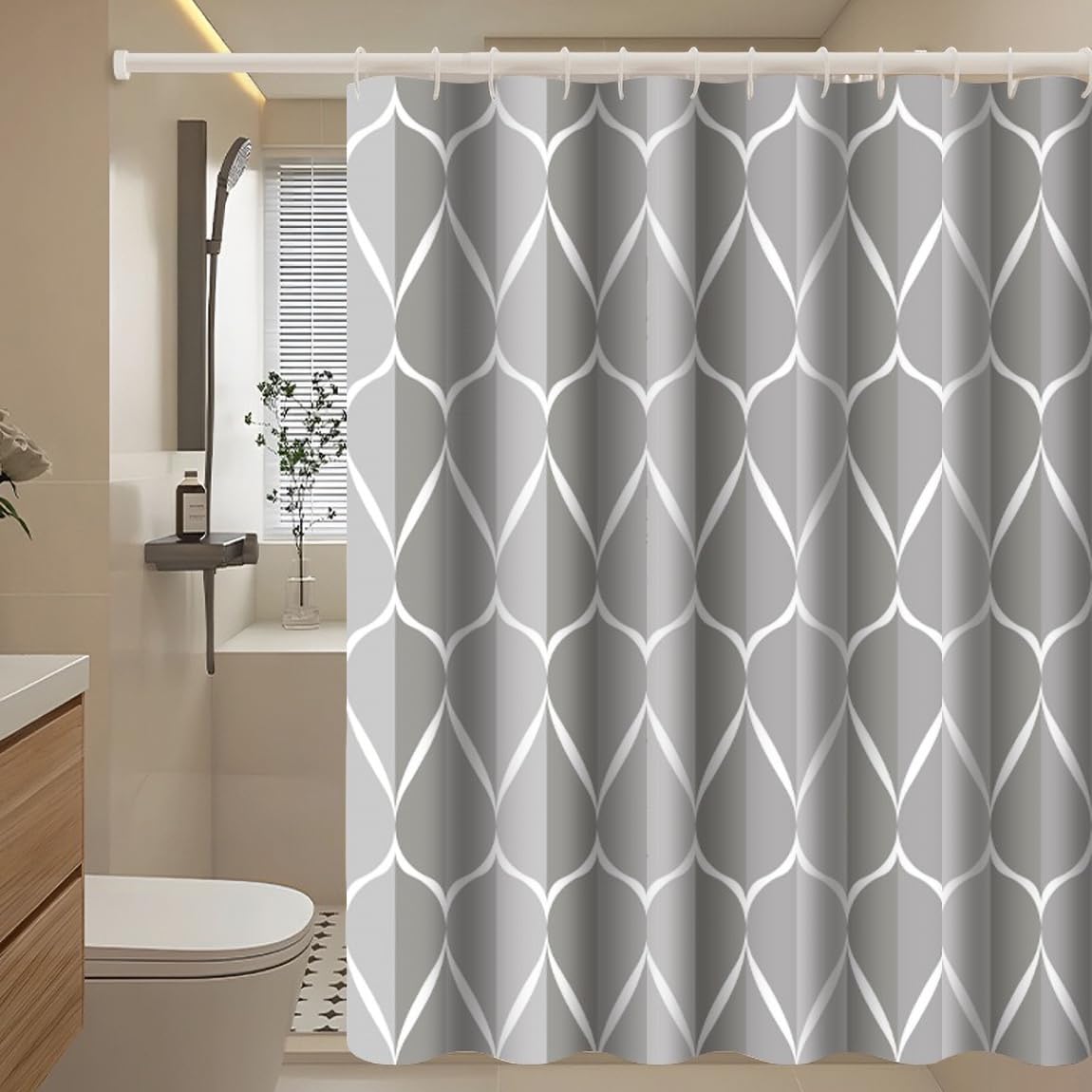 Shower Curtain for Bathroom 200 x 200 cm Anti-Mould Mildew Resistant Waterproof Polyester Fabric Geometric Shower Curtain Liner Long Bath Curtain with Hooks, Washable and Weighted Hem