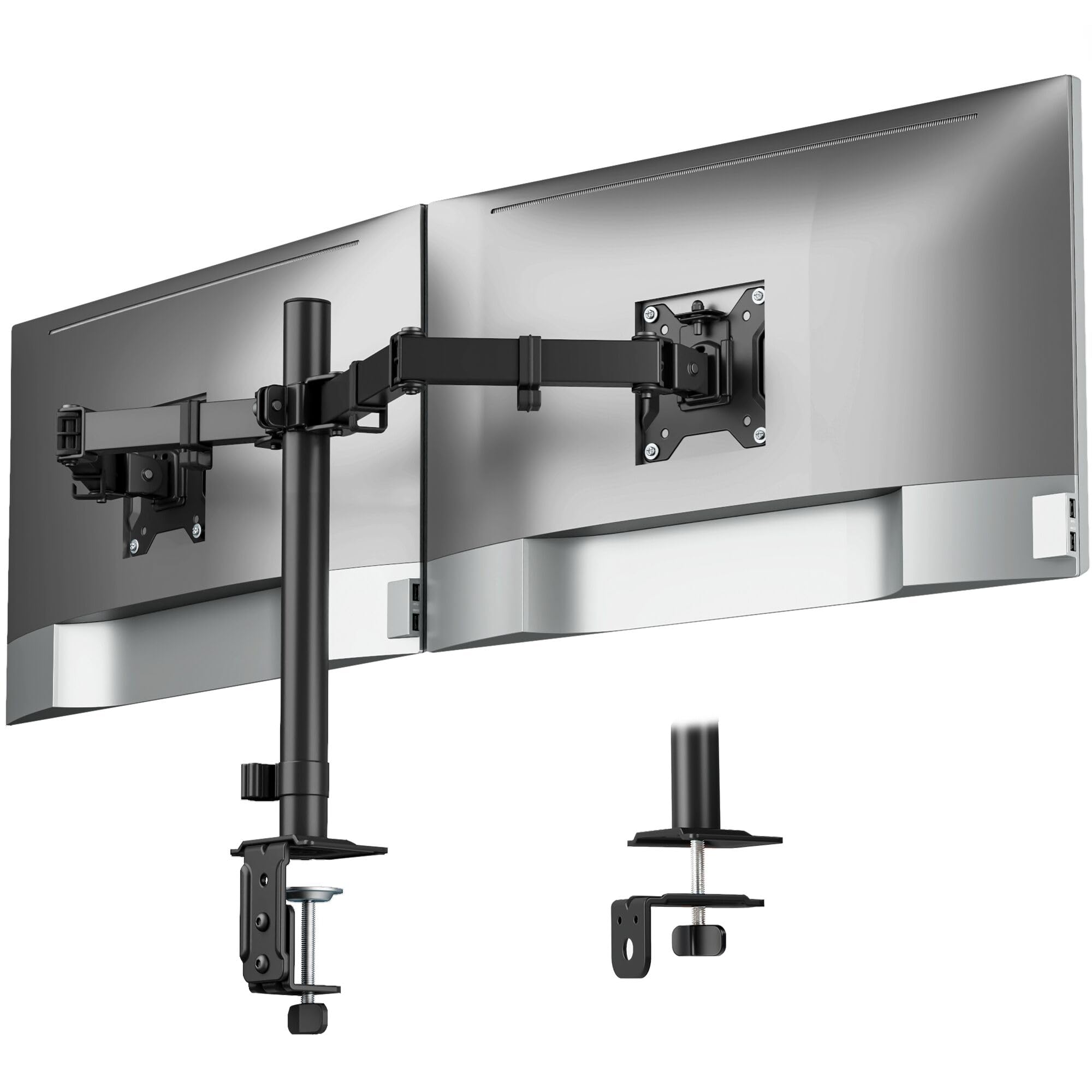 monTEK Monitor Halterung 2 Monitore für 17-32 Zoll Bildschirm bis zu 10KG | Stabil, Höhenverstellbare Monitorarm bis zu 10 kg pro Arm mit Klemmschelle/ Tischdurchführung, VESA 75x75MM/100x100MM